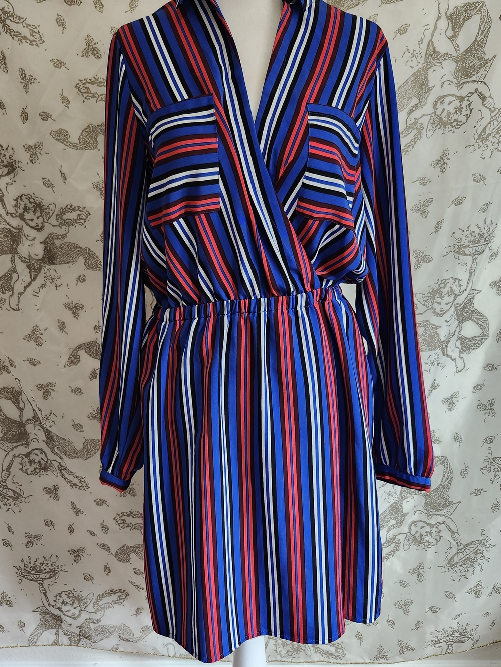 Express Striped Faux-Wrap Long Sleeve Dress in Blue, Red & White